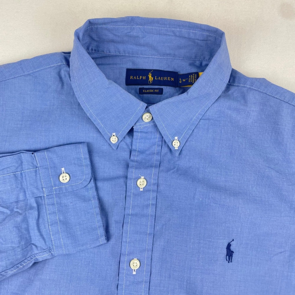 Ralph Lauren Classic Fit Mens Blue Long Sleeve Button Down Shirt Size L 16.5
